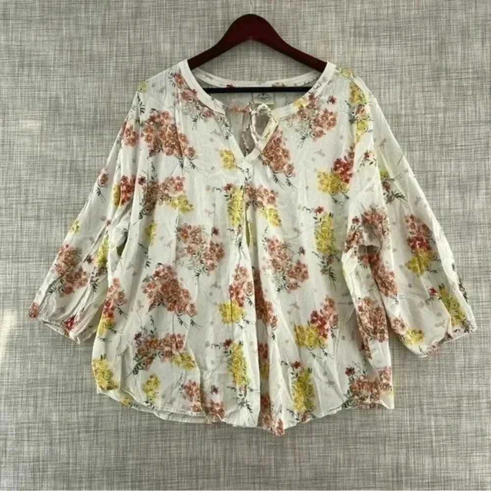 St. John's Bay floral Tied Keyhole Front pullover‎ 3/4 Sleeve Women's Blouse 1X